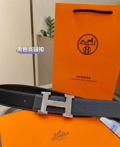 Hermes H Buckle Leather Belt Black