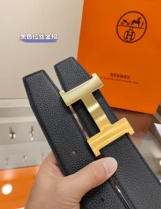 Hermes H Buckle Leather Belt Black