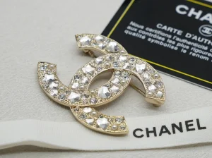 Chanel Gold Tone Crystal CC Logo Brooch