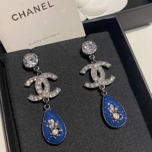 Chanel Crystal CC Drop Earrings Blue