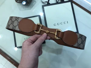 Gucci GG Supreme Tan Leather and Horsebit Belt 
