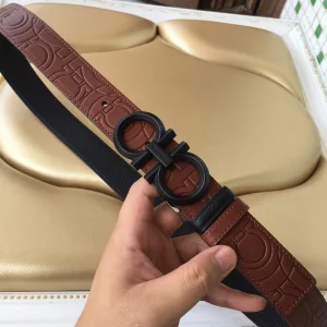 Ferragamo Gancini Buckle Leather Belt Brown 34MM 