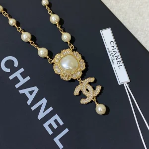 Chanel Crystal CC Logo Pearls Pendant Necklace 