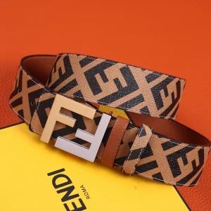 Luxury Mens Belts Fendi FF Buckle Belt in Tan Cuoio Romano Calfskin A175PP240 AA150759