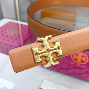 Luxury Womens Belts Tory Burch 1 Kira Logo Leather Belt in Tan 25MM A175PP240 AA151907