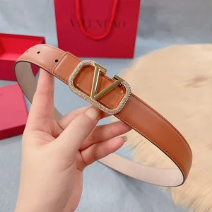Valentino Crystal Vlogo Leather Belt Tan 30MM 