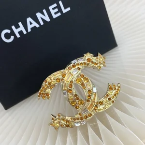Chanel Gold Woven CC Logo Brooch Crystals 