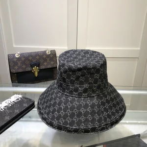 Luxury Womens Hats Gucci GG Denim Black Eco Washed Wide Brim Hat A62PP100 AA154614