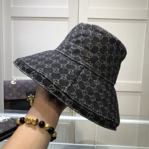 Luxury Womens Hats Gucci GG Denim Black Eco Washed Wide Brim Hat A62PP100 AA154614