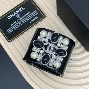 Chanel Crystals PVC Logo Cuff Bracelets Black 