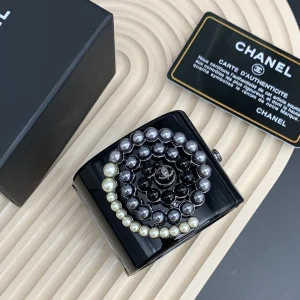 Chanel Pearls PVC Logo Cuff Bracelets Black 