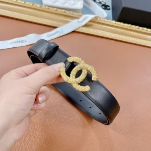 Luxury Womens Belts Chanel Gold CC Logo Leather Belt in Black 30MM A175PP240 AA159743