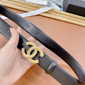 Luxury Womens Belts Chanel Gold CC Logo Leather Belt in Black 30MM A175PP240 AA159743