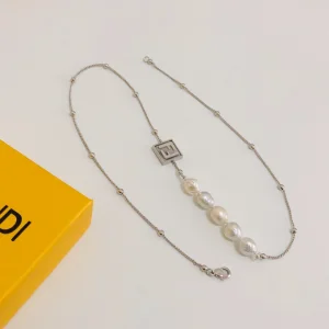 Luxury Womens Jewelry Fendi FF Charm Pearl Necklace A39PP165 AA159894