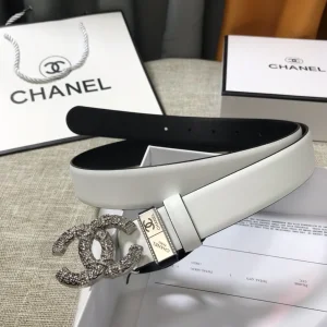 Chanel Metallic CC Logo Leather Belt White 30MM 