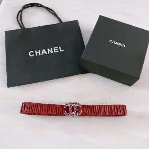 Chanel CC Logo Ruched Leather Belt Red 