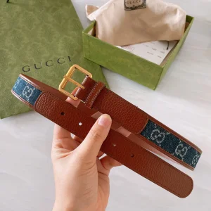 Gucci Blue GG Denim Leather Belt Brown 30MM 