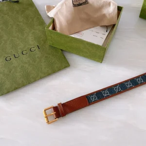 Luxury Womens Belts Gucci Blue GG Denim Leather Belt in Brown 30MM A191PP240 AA168175