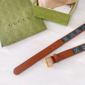 Luxury Womens Belts Gucci Blue GG Denim Leather Belt in Brown 30MM A191PP240 AA168175