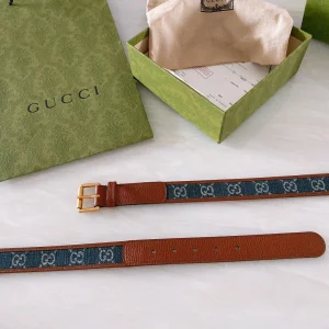Luxury Womens Belts Gucci Blue GG Denim Leather Belt in Brown 30MM A191PP240 AA168175