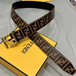 Fendi FF Embossed Leather Belt Brown 38MM 