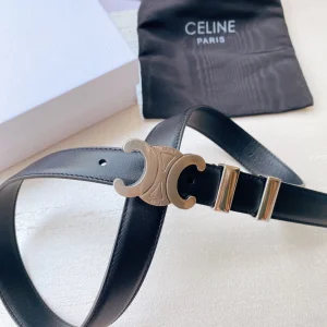 Celine Triomphe Buckle Leather Belt Black 25MM 