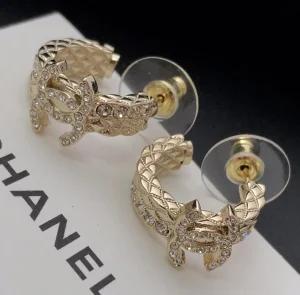 Chanel Crystals CC Hoop Earrings Gold 