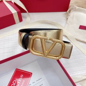 Replica Womens Belts Valentino Vlogo Leather Belt in Gold Black 40MM A175PP240 AA183350