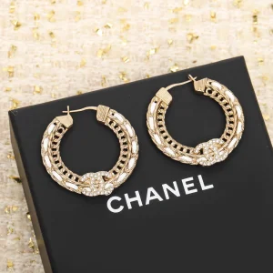 Chanel Crystal CC Gold Chain Leather Earrings 