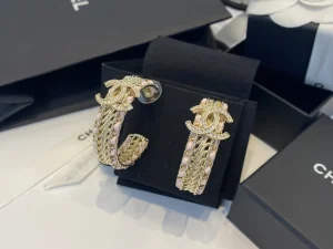 Replica Womens Jewelry Chanel Crystal CC Pink Leather Chain Earrings A39PP180 AA186521