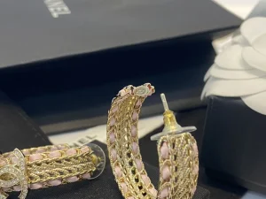 Replica Womens Jewelry Chanel Crystal CC Pink Leather Chain Earrings A39PP180 AA186521