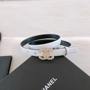 Chanel Pearls CC Logo White Leather Belt 20MM 