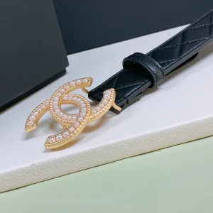 Essenceofluxury Womens Belts Chanel Pearl CC Logo Black Leather Belt 30MM A175PP240 AA191625