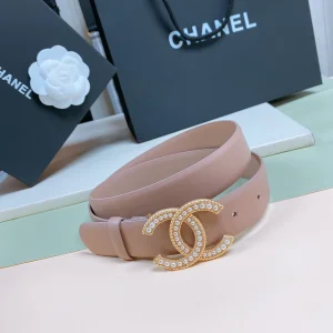 Essenceofluxury Womens Belts Chanel Pearl CC Logo Pink Leather Belt 30MM A175PP240 AA191623