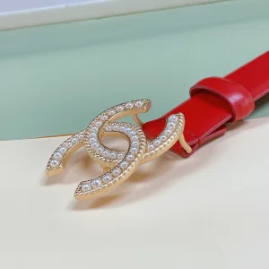 Essenceofluxury Womens Belts Chanel Pearl CC Logo Red Leather Belt 30MM A175PP240 AA191622