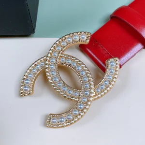Essenceofluxury Womens Belts Chanel Pearl CC Logo Red Leather Belt 30MM A175PP240 AA191622