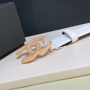 Essenceofluxury Womens Belts Chanel Pearl CC Logo White Leather Belt 30MM A175PP240 AA191624