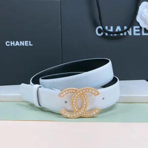 Essenceofluxury Womens Belts Chanel Pearl CC Logo White Leather Belt 30MM A175PP240 AA191624