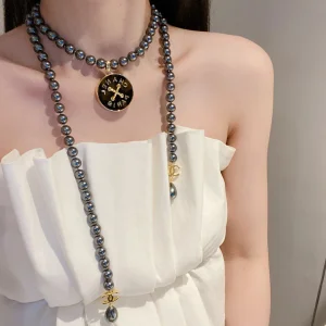 Chanel Long Pearls Necklace Gray 