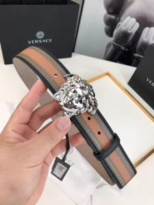 Essenceofluxury Mens Belts Versace Medusa Leather Belt in Brown Gray 40MM A175PP240 AA196581