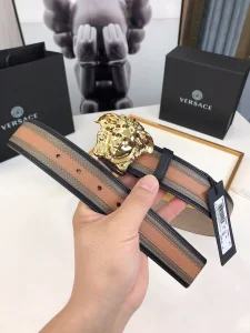 Essenceofluxury Mens Belts Versace Medusa Leather Belt in Brown Gray 40MM A175PP240 AA196582