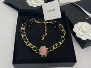 Chanel CC Logo Leather Chain Choker Necklace 