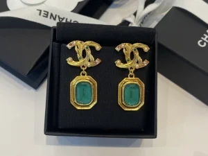 Essenceofluxury Womens Jewelry Chanel CC Logo Pendant Earrings Gold Green A39PP180 AA196711