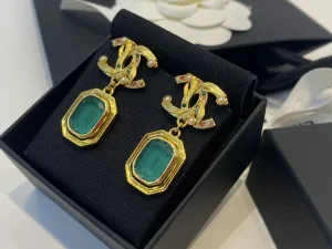 Essenceofluxury Womens Jewelry Chanel CC Logo Pendant Earrings Gold Green A39PP180 AA196711