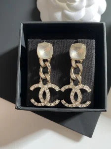 Chanel Crystals CC Logo Pendant Earrings 