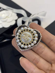 Chanel Crystals CC Pearls Heart Brooch 