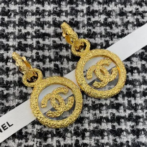 Chanel Gold CC Round Pendant Earrings 
