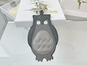 Loewe Owl Leather Charm Keychain Gray