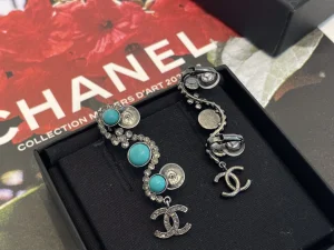 Chanel Crystal CC Long Earrings Blue