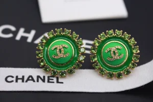 Chanel Crystal CC Round Earrings Green